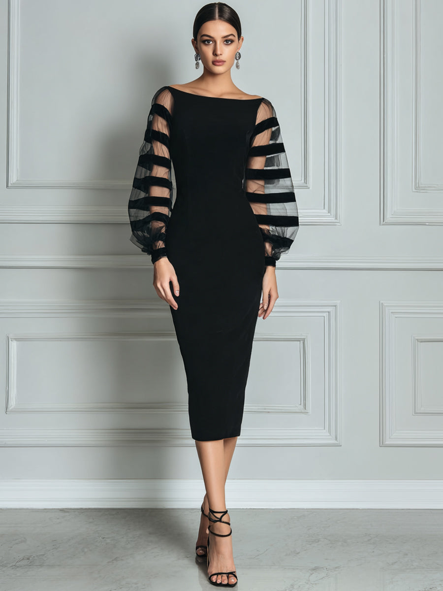 Elegant Black Midi Dress for Women with Boat Neck Balloon Sleeve Sheer Striped Bodycon Cocktail Style