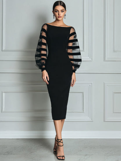 Elegant Black Midi Dress for Women with Boat Neck Balloon Sleeve Sheer Striped Bodycon Cocktail Style