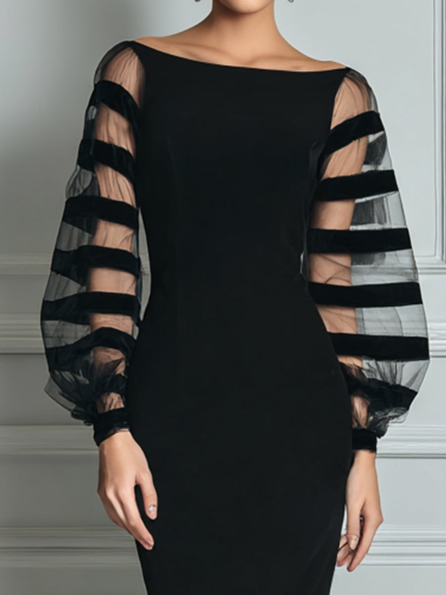 Elegant Black Midi Dress for Women with Boat Neck Balloon Sleeve Sheer Striped Bodycon Cocktail Style