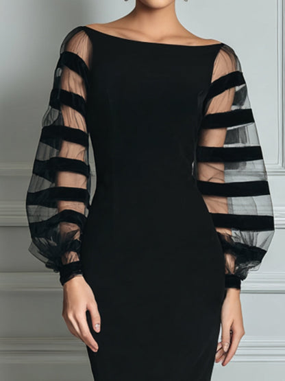 Elegant Black Midi Dress for Women with Boat Neck Balloon Sleeve Sheer Striped Bodycon Cocktail Style