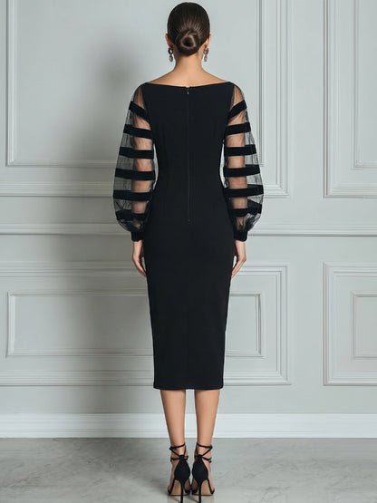 Elegant Black Midi Dress for Women with Boat Neck Balloon Sleeve Sheer Striped Bodycon Cocktail Style