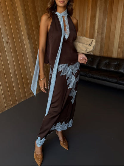 Elegant Brown Satin Maxi Dress for Women with Halter Neck Sleeveless Lace Applique Flowing Style
