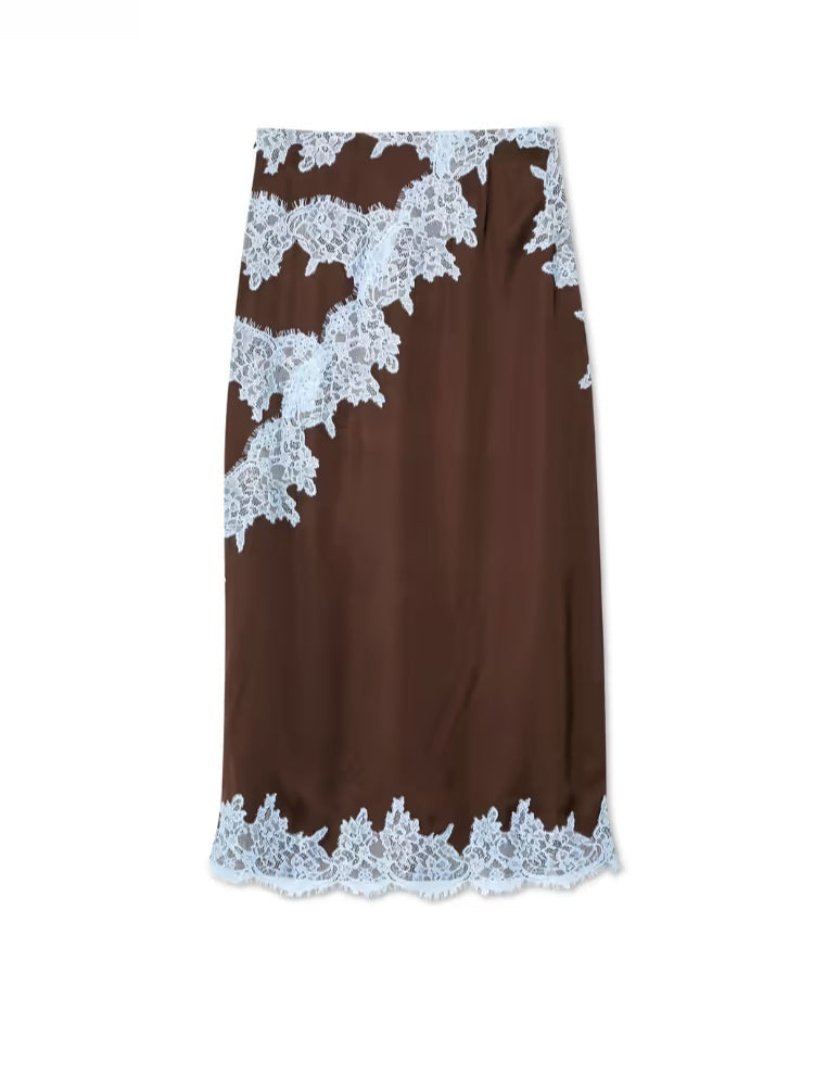 Elegant Brown Satin Maxi Dress for Women with Halter Neck Sleeveless Lace Applique Flowing Style