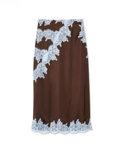 Elegant Brown Satin Maxi Dress for Women with Halter Neck Sleeveless Lace Applique Flowing Style