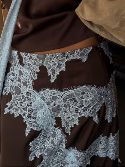 Elegant Brown Satin Maxi Dress for Women with Halter Neck Sleeveless Lace Applique Flowing Style