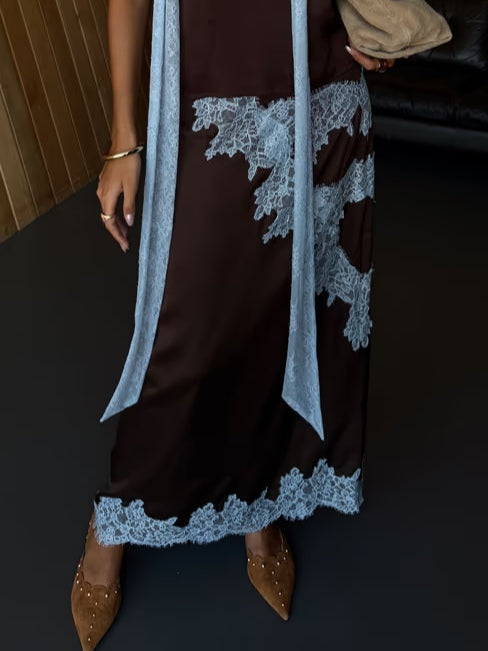 Elegant Brown Satin Maxi Dress for Women with Halter Neck Sleeveless Lace Applique Flowing Style