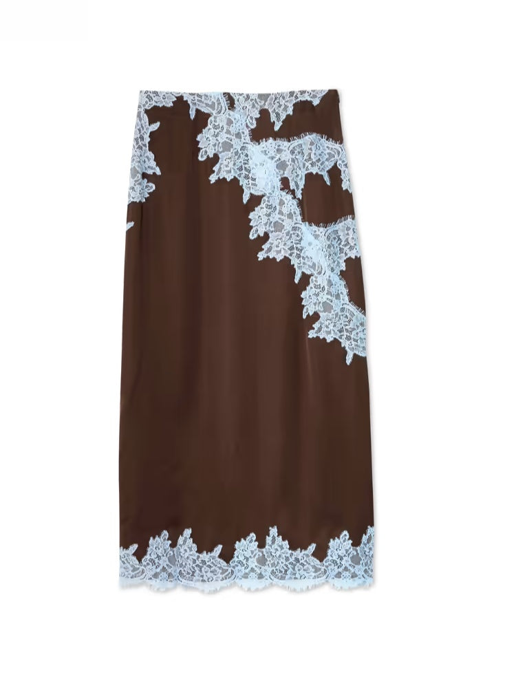 Elegant Brown Satin Maxi Dress for Women with Halter Neck Sleeveless Lace Applique Flowing Style