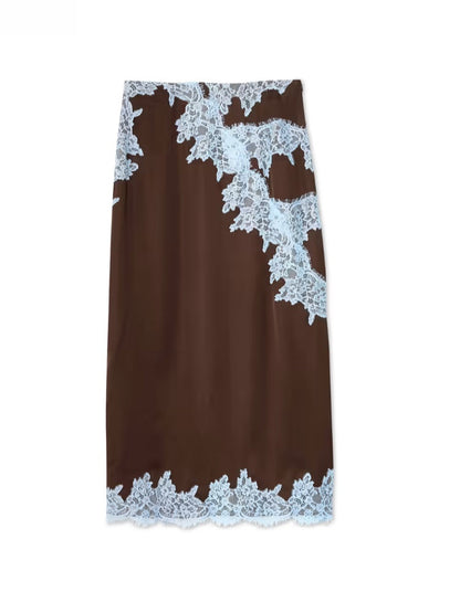 Elegant Brown Satin Maxi Dress for Women with Halter Neck Sleeveless Lace Applique Flowing Style