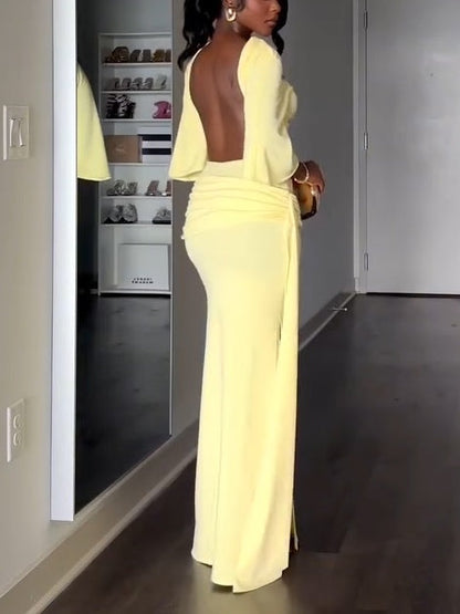 Elegant Yellow Maxi Dress for Women with High Neck Batwing Sleeve Backless Slit Style