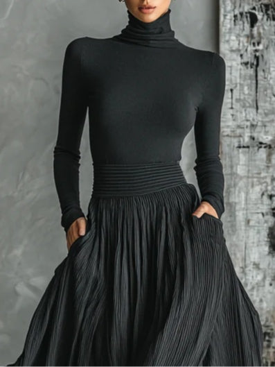 Elegant Black Pleated Maxi Skirt Set for Women with Turtleneck Long Sleeve Wide Leg Two Piece Style