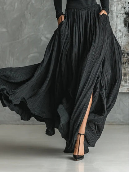 Elegant Black Pleated Maxi Skirt Set for Women with Turtleneck Long Sleeve Wide Leg Two Piece Style