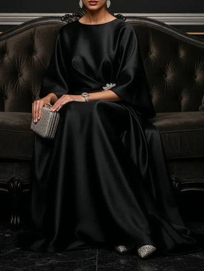 Elegant Satin Maxi Dress for Women with Round Neck Batwing Sleeve Embellished Ruched Flowing Style