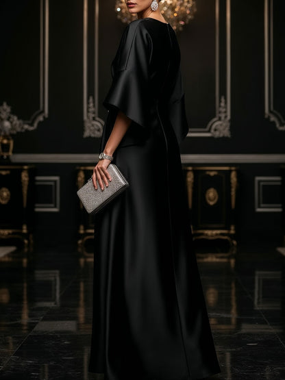 Elegant Satin Maxi Dress for Women with Round Neck Batwing Sleeve Embellished Ruched Flowing Style