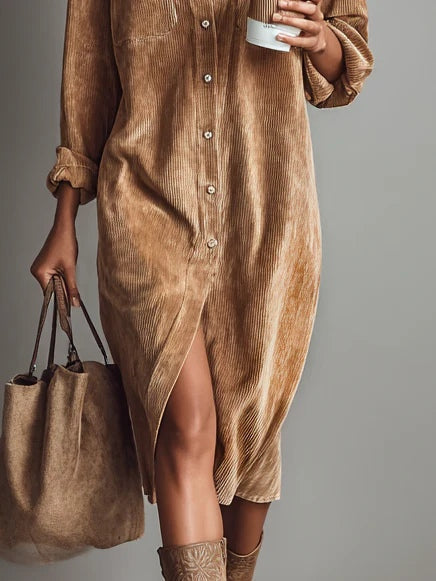 Elegant Corduroy Shirt Dress for Women with Collar Long Sleeve Button Front Side Slit Casual Style