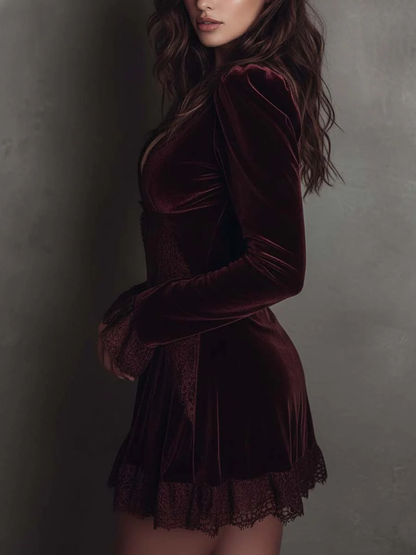 Elegant Burgundy Velvet Mini Dress for Women with V Neck Long Sleeve Lace Trim Bodycon Style