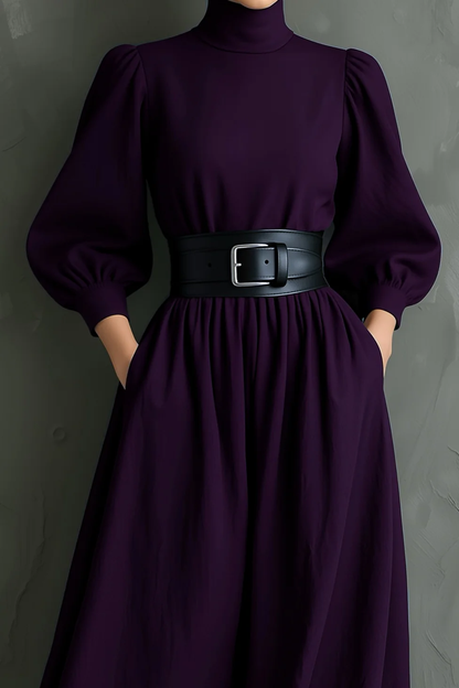 Elegant Dark Purple Maxi Dress for Women with Mock Neck Bishop Sleeve Belted Flowing Style