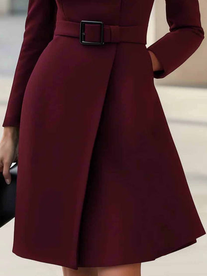 Elegant Belted Wrap Midi Dress for Women with High Neck Long Sleeve Asymmetric Button Tailored Style