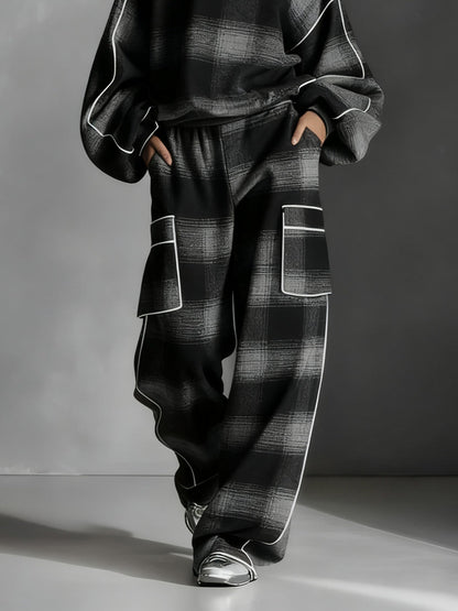 Effortless Black Gray Plaid Two Piece Set for Women with Oversized Sweatshirt Wide Leg Cargo Pant Relaxed Style