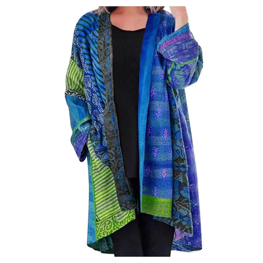 Effortless Patchwork Print Kimono for Women with Open Front Long Sleeve Oversized Boho Style