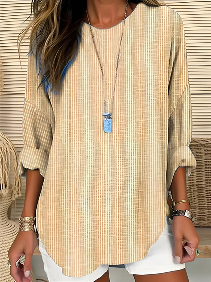 Effortless Striped Tunic Blouse for Women with Round Neck Elbow Sleeve Curved Hem Relaxed Style