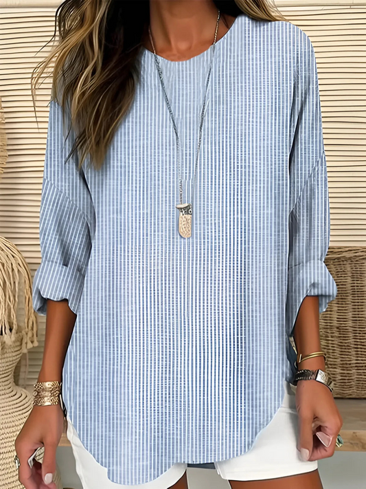 Effortless Striped Tunic Blouse for Women with Round Neck Elbow Sleeve Curved Hem Relaxed Style