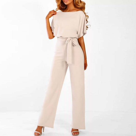 Elegant Wide Leg Jumpsuit for Women with Boat Neck Batwing Sleeve Belted Waist Formal Party Style