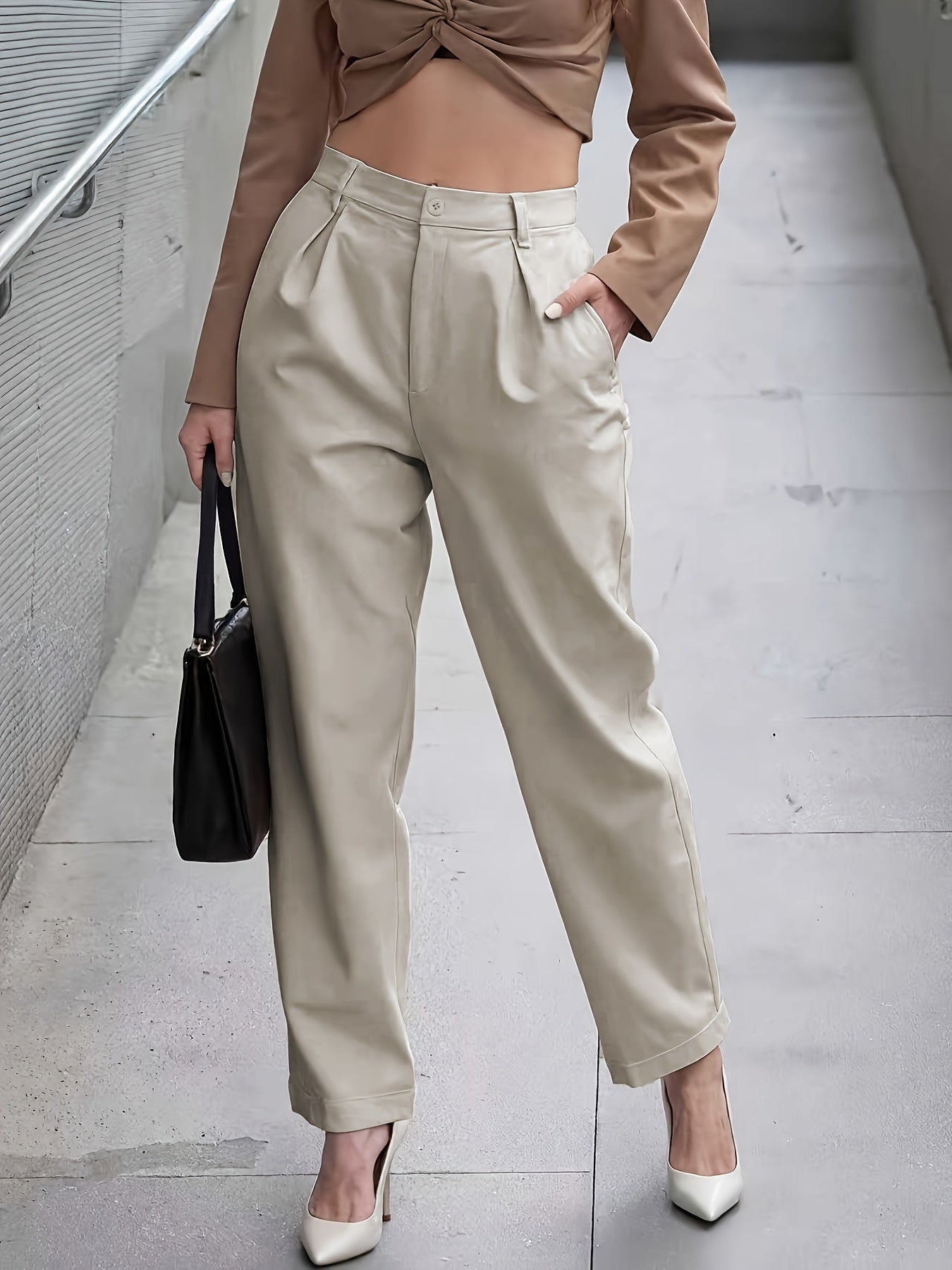 Elegant Faux Leather Wide Leg Pant for Women with High Waist Pleated Tapered Relaxed Style