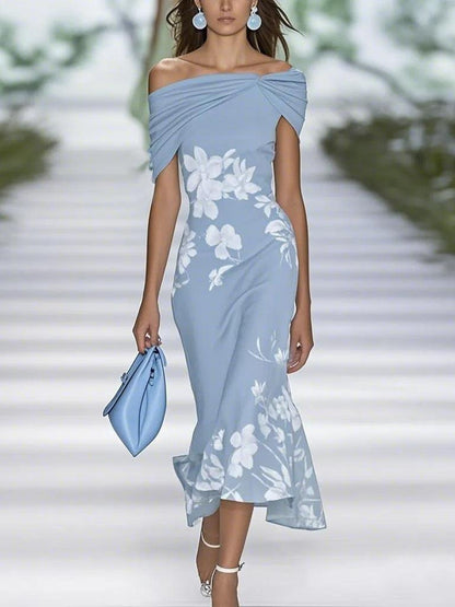 Elegant Floral Midi Dress for Women with Off Shoulder Draped Short Sleeve Mermaid Hem Cocktail Style