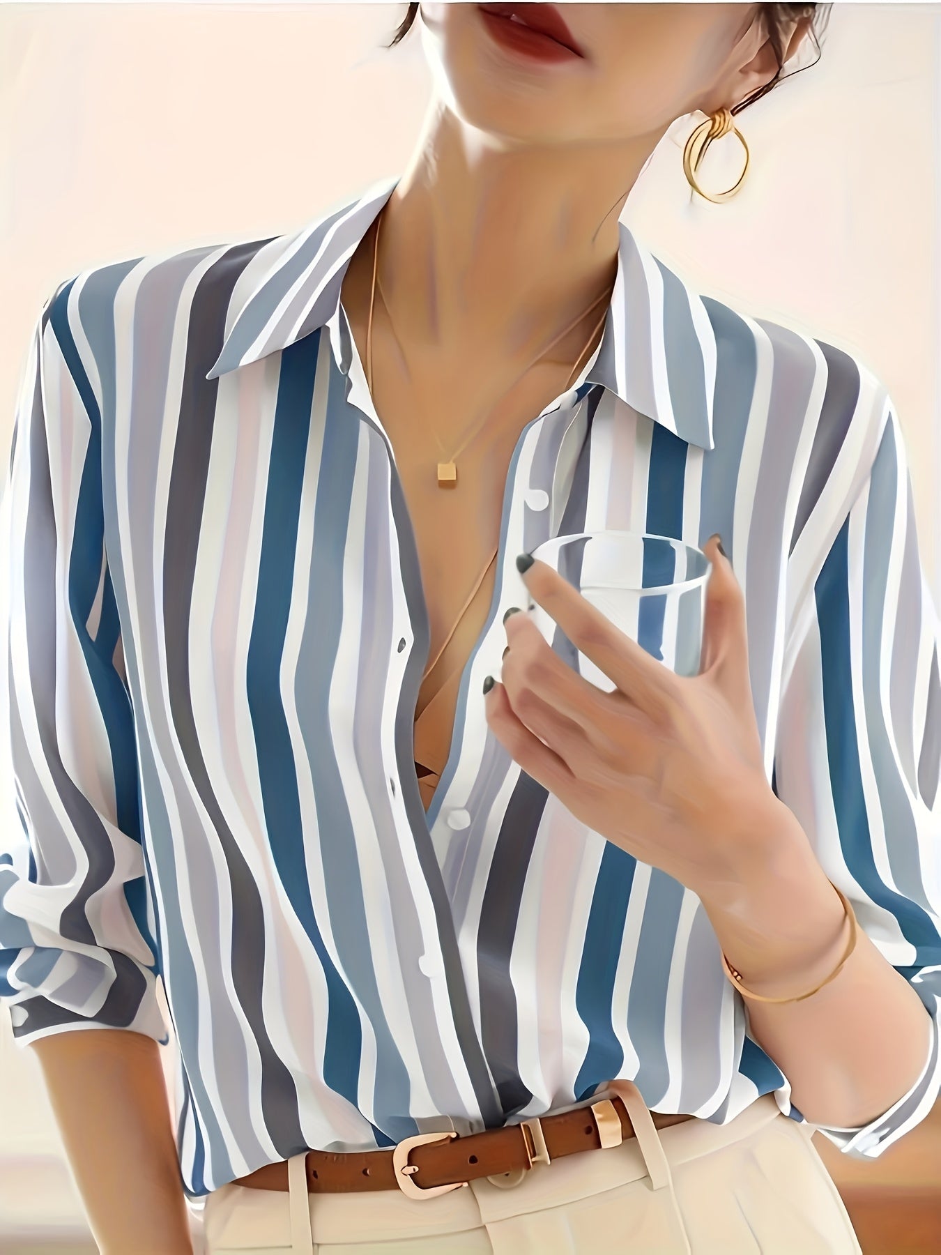 Effortless Striped Chiffon Blouse for Women with Collar Long Sleeve Button Front Relaxed Silky Style