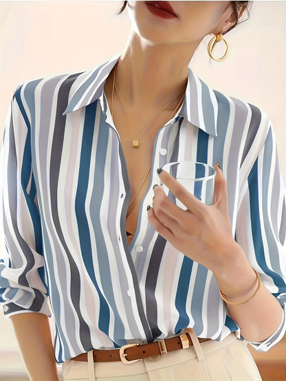 Effortless Striped Chiffon Blouse for Women with Collar Long Sleeve Button Front Relaxed Silky Style