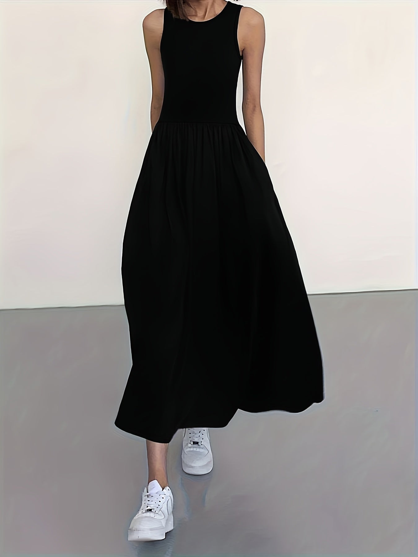 Women's Casual Sleeveless Midi Dress, Round Neck, Solid Color, Pleated A-line Skirt, Suitable for All Seasons