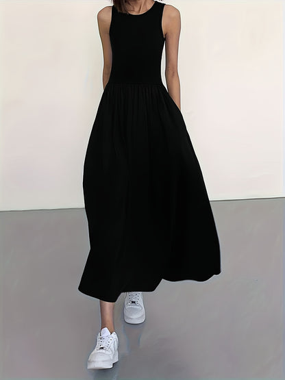 Women's Casual Sleeveless Midi Dress, Round Neck, Solid Color, Pleated A-line Skirt, Suitable for All Seasons
