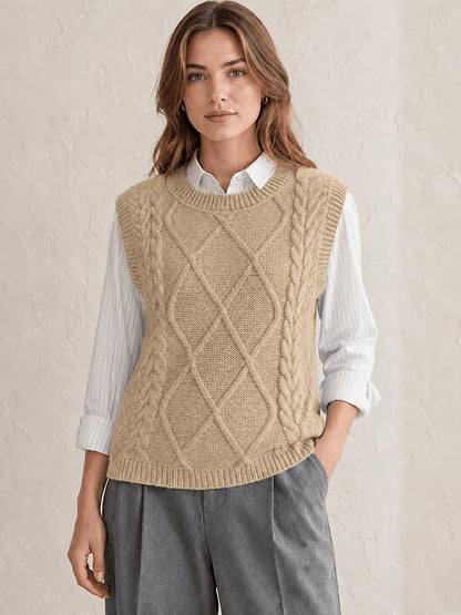 Comfortable Cable Knit Sweater Vest for Women with Crew Neck Sleeveless Relaxed Preppy Style