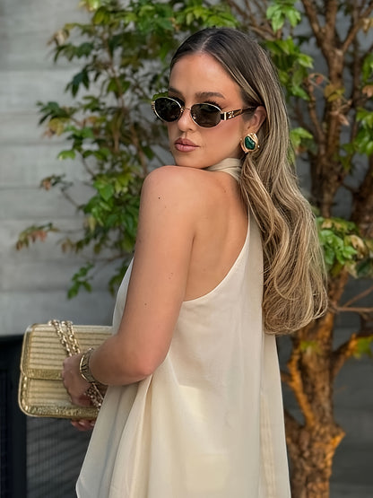 Effortless Chiffon Halter Blouse for Women with High Neck Sleeveless Asymmetric Hem Flowing Style
