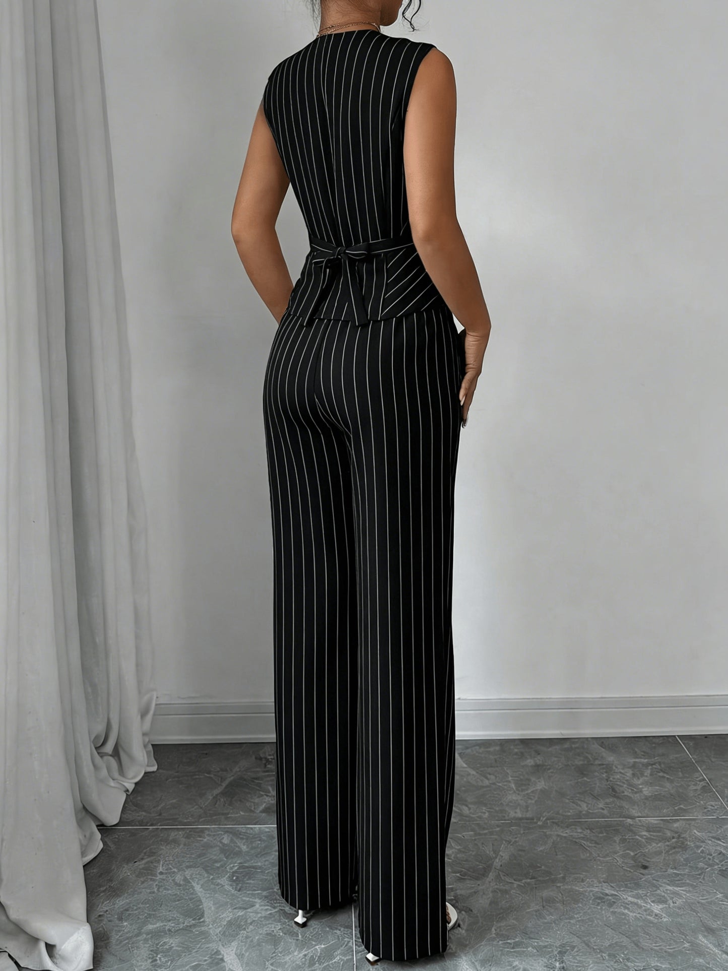 Elegant Grey Pinstripe Two Piece Set for Women with V Neck Button Front Waistcoat Wide Leg Pant Formal Style