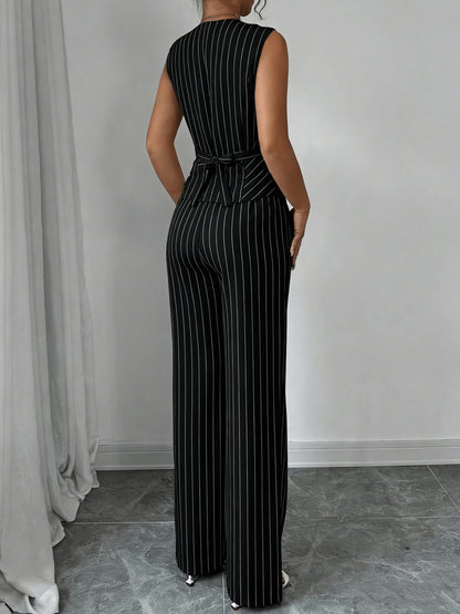 Elegant Grey Pinstripe Two Piece Set for Women with V Neck Button Front Waistcoat Wide Leg Pant Formal Style