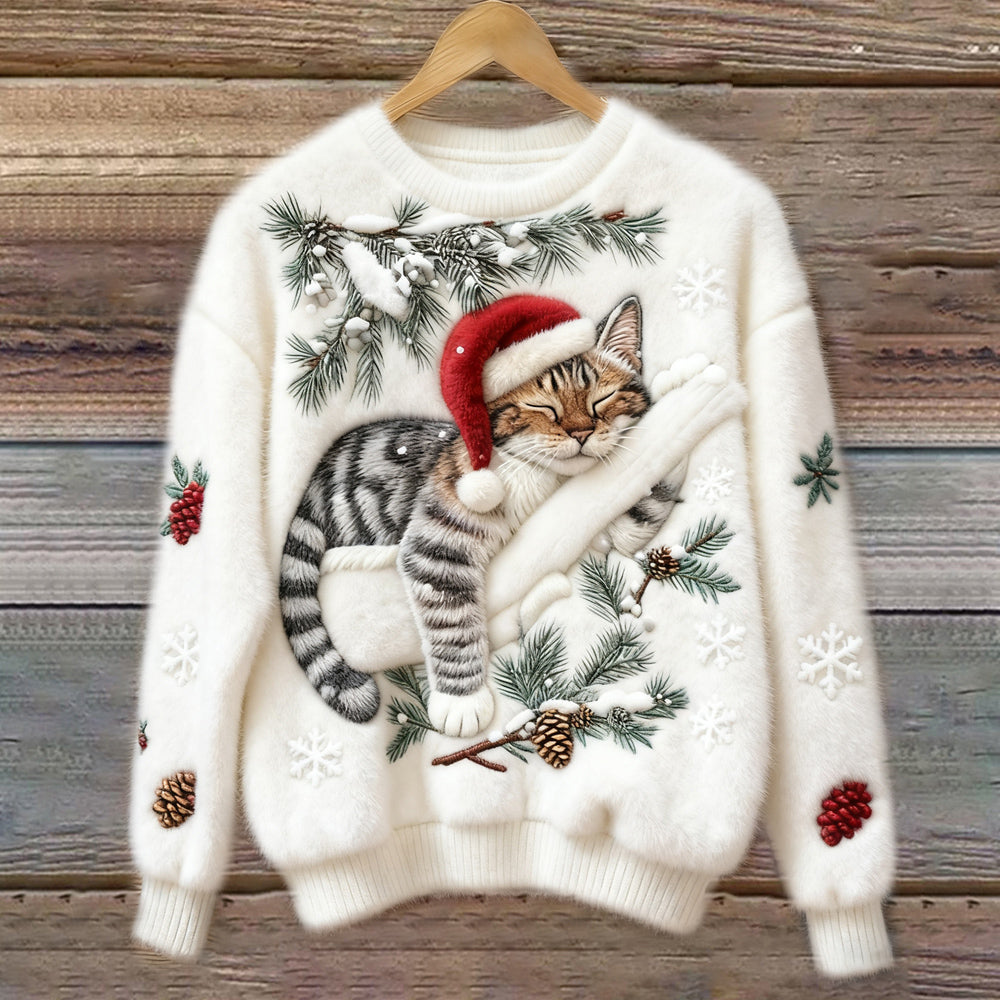 Comfortable Cat Print Sweater for Women with Crew Neck Long Sleeve Embroidered Snowflake Oversized Knit Style