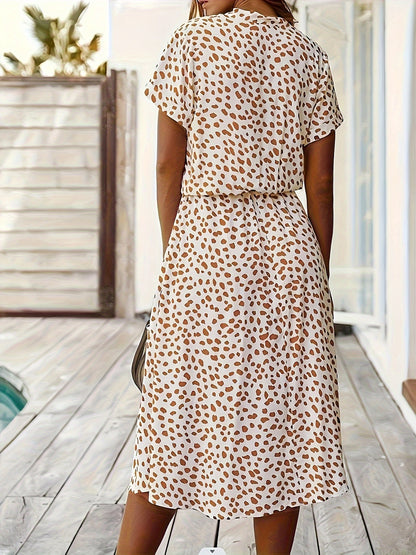 Effortless Multicolor Polka Dot Midi Dress for Women with Collar Short Sleeve Button Front Drawstring Waist Casual Style