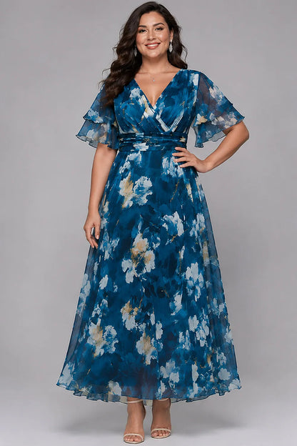 Elegant Blue Floral Maxi Dress for Women with V Neck Flutter Sleeve Flowing Wedding Guest Style