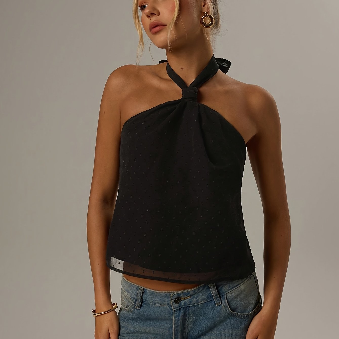 Effortless Black Swiss Dot Blouse for Women with Halter Neck Backless Bow Tie Flowing Tank Style
