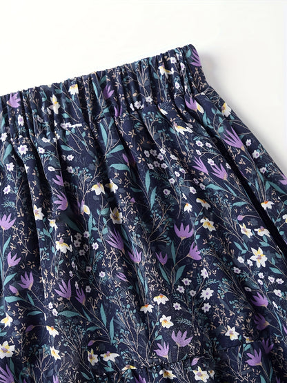 Elegant Blue Floral Maxi Skirt for Women with Smocked Waist Tiered Ruffle Flowing Bohemian Style