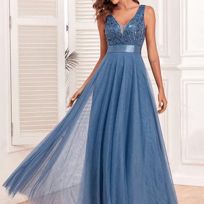 Fashionable Sexy New Women'S Sequin Mesh Patchwork A-Line Party Dress