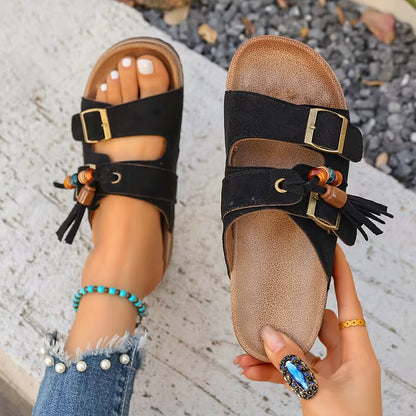 Comfortable Slide Sandals for Women with Tassel Detail Buckle Strap Contoured Footbed Open Toe Style