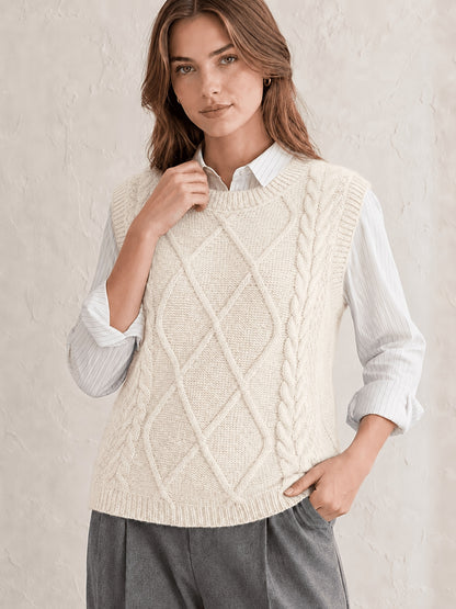Comfortable Cable Knit Sweater Vest for Women with Crew Neck Sleeveless Relaxed Preppy Style