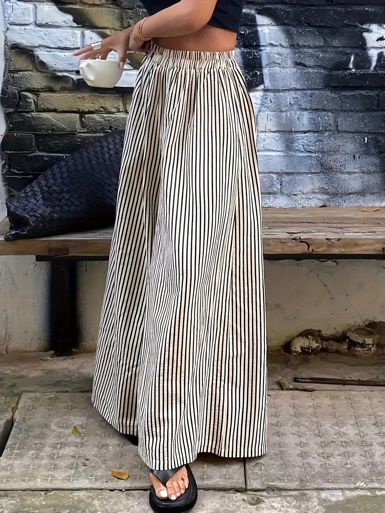 Effortless Apricot Striped Wide Leg Pants for Women with High Waist Elastic Waistband Flowing Relaxed Style
