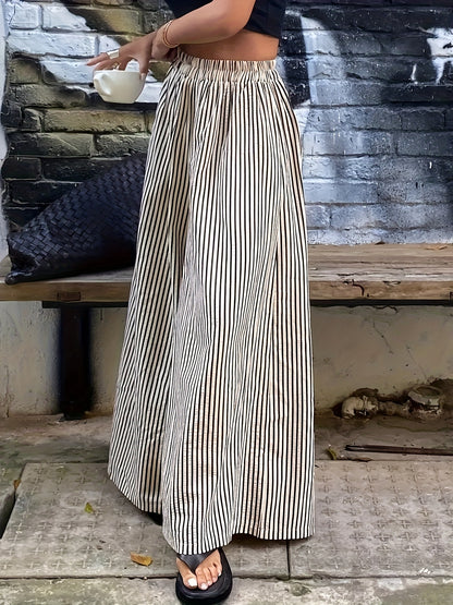 Effortless Apricot Striped Wide Leg Pants for Women with High Waist Elastic Waistband Flowing Relaxed Style
