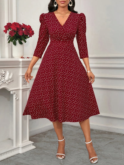 2026 New Valentine's Day/New Year Party/Suitable for Daily Work Wear/Suitable for All Seasons Elegant Fashion Versatile Daily Date V-Neck 3/4 Sleeve Waist Flared Long Red and Blue Women's Elegant Dress, Women's Polka Dot Small Heart Print Dress