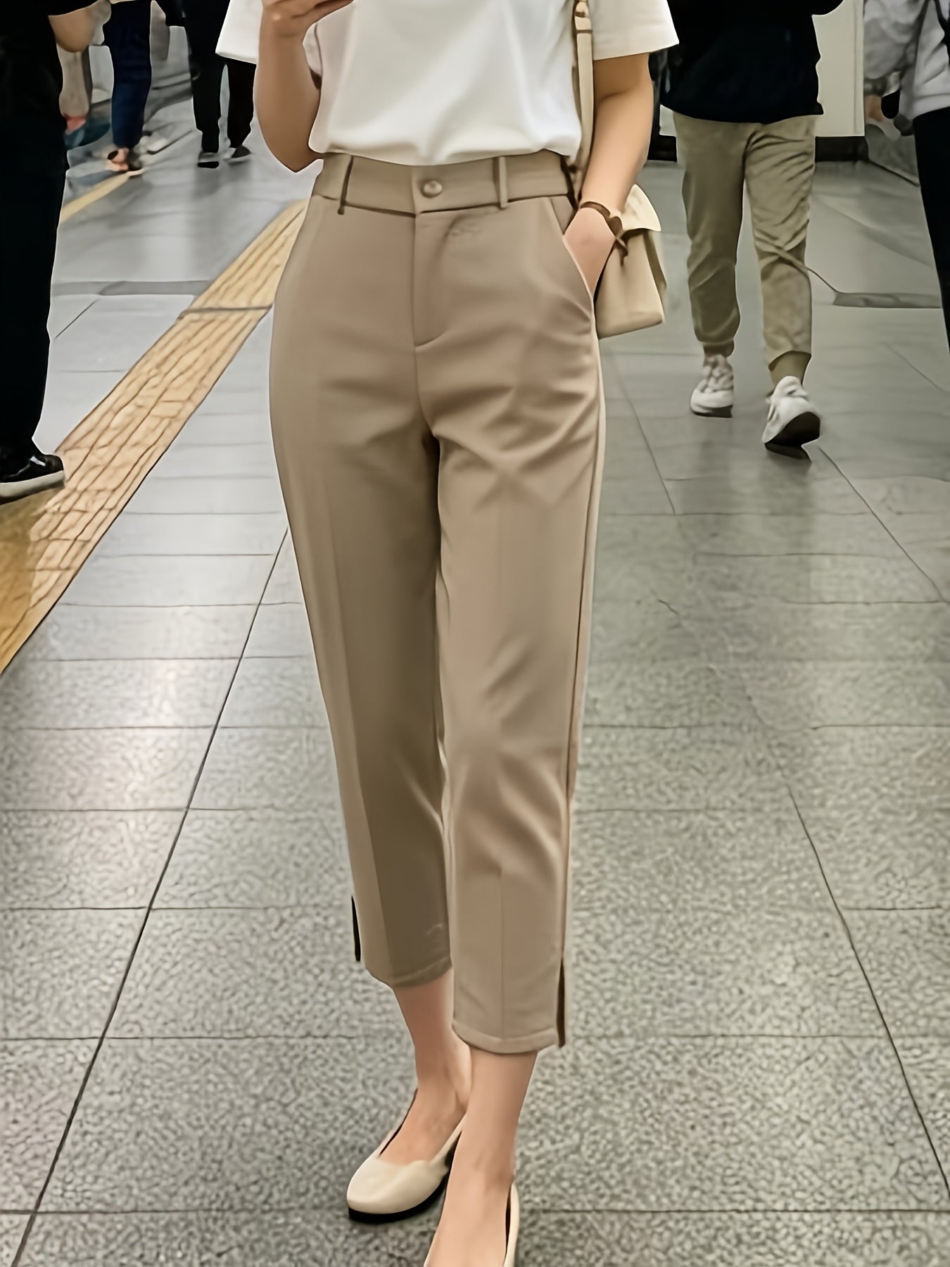 Elegant Tailored Trousers for Women with High Waist Button Front Side Slit Ankle Style