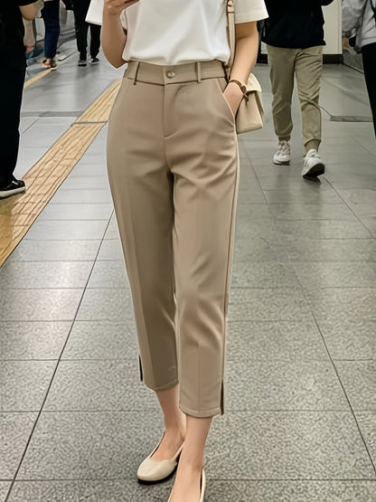 Elegant Tailored Trousers for Women with High Waist Button Front Side Slit Ankle Style