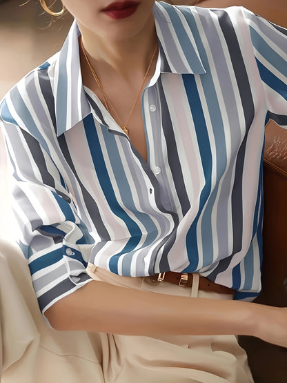 Effortless Striped Chiffon Blouse for Women with Collar Long Sleeve Button Front Relaxed Silky Style